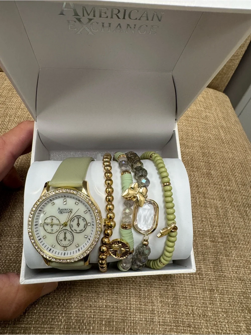American Exchange Gold Tone Crystal Bezel Watch & Bracelet Set, Green Strap